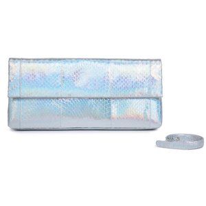 Auth Brand New Nancy Gonzalez GENUINE PYTHON silver mirror Gotham clutch + strap
